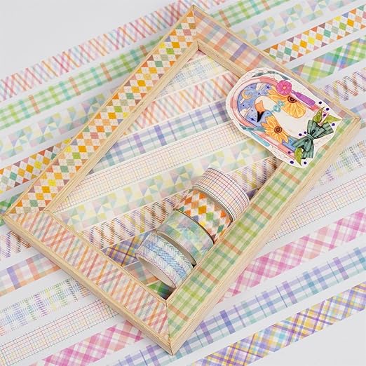 YUBX Basic Grid Washi Tape Set 12 Rolls Plaid Decorative Masking Tapes for Arts, DIY Crafts, Journals, Planners, Scrapbook, Wrapping (Colored)