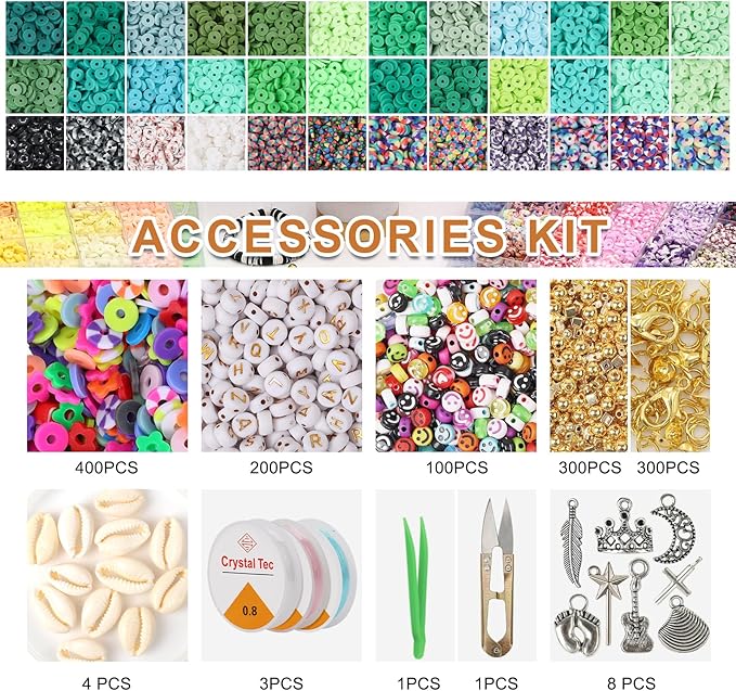 XSEINO 37300+ Pcs Clay Beads Bracelet Making Kit,8 Boxes 180 Colors Friendship Charms Kit Flat Polymer Heishi Beads with Rich Jewelry Making Accessories for Crafts Christmas Gifts
