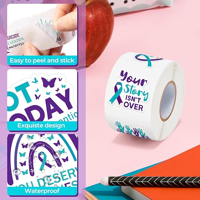beyumi suicide awareness roll stickers - 1000pcs teal purple ribbon stickers in 2 rolls waterproof vinyl suicide prevention awareness decals campaigns laptop bottle notebook luggage decor kids teens