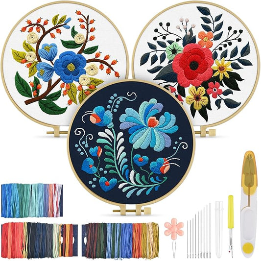 TINDTOP 3 Sets Embroidery Kit for Adults, Floral Embroidery Practice Kit for Beginners Include Embroidery Cloth Hoops Threads for Craft Lover Hand Stitch with Embroidery Skill Techniques