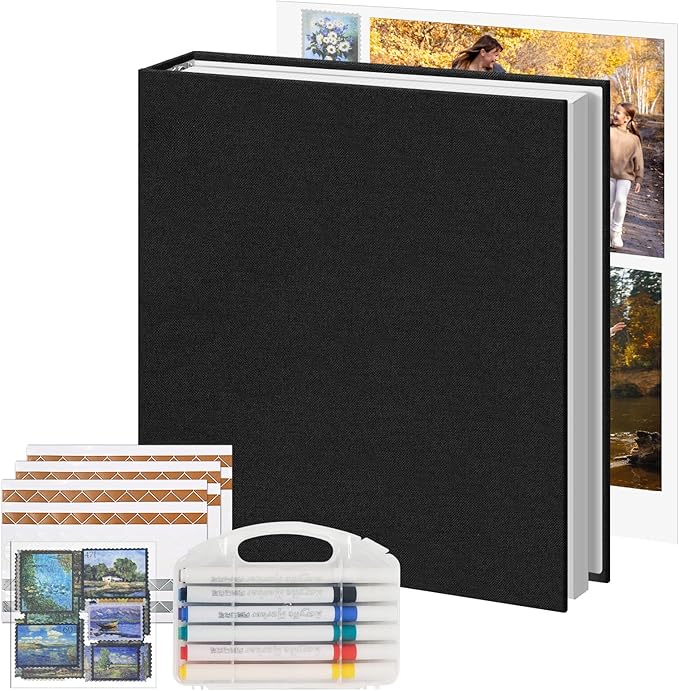 Vienrose Photo Album Scrapbook, 3 Ring 8" x 10" Linen Cover Kraft Paper Memory Book with 30 Sheets 60 Pages, Scrapbook Set for Wedding, Anniversary, Family, Travel, Black
