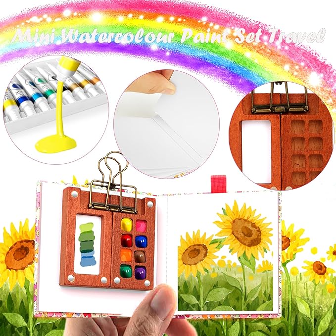 Pocket Wooden Paint Palette with Metal Clip, Water Colour Paints Sets with Sketchbook & Water Pen for Painters,Artists,Beginner (Rose-12 Colors, S-8 Grids)
