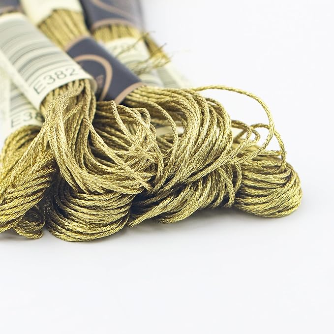 6 Skeins Embroidery Thread, Metallic Light Gold Embroidery Floss Friendship Bracelet String, Polyester Cross-Stitch Threads for Hand Embroidery, String Art