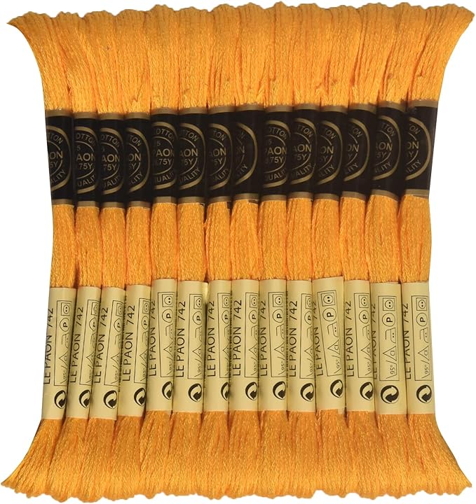 LE PAON Embroidery Floss, 14-Pack Six Strands 100% Long Staple Cotton Embroidery Thread, 8.7-Yard，Color Number：742, Light Tangerine