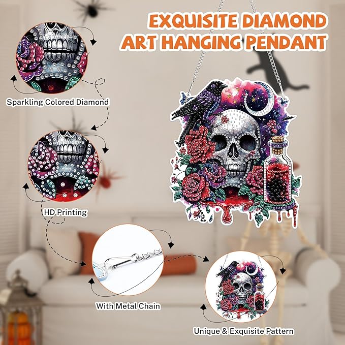 Bowetile Halloween Diamond Art Hanging Kits for Adults, Gothic Skull Diamond Art Suncatchers, 5D Special Shape Diamond Painting Pendant Window Ornament Gifts for Home Garden Door Wall Decor