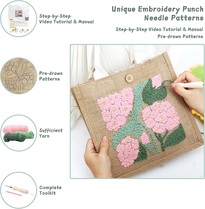 ERNTRNL Punch Needle Tote Bag Kit for Adults Beginner - DIY Punch Needle Embroidery Tote Bag Set, Punch Stitching Bags Kit with Instructions & Video Tutorial,Unique Pattern,Tools (Pink-Green)