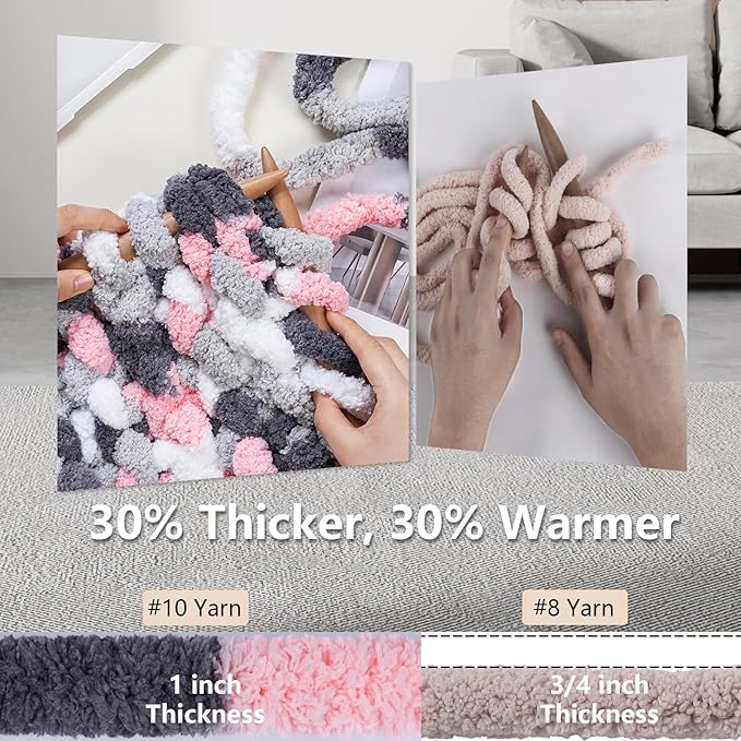 Chunky Yarn for Hand Knitting - #10 Chunky Chenille Blanket Yarn, Jumbo Big Thick Chunky Yarns for Crocheting, Tie Dye Bulky Knit Yarns, 8 Skein (25 yds 8 oz Each Skein), Pink & Grey & White