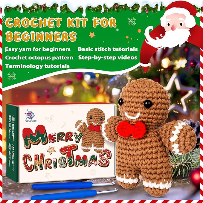 Crochetta Crochet Kit for Beginners, Amigurumi Crocheting Animals Kits w Step-by-Step Video Tutorials, Knitting Starter Pack for Adults and Kids, Jumbo Gingerbread Man (40%+ Yarn Content)