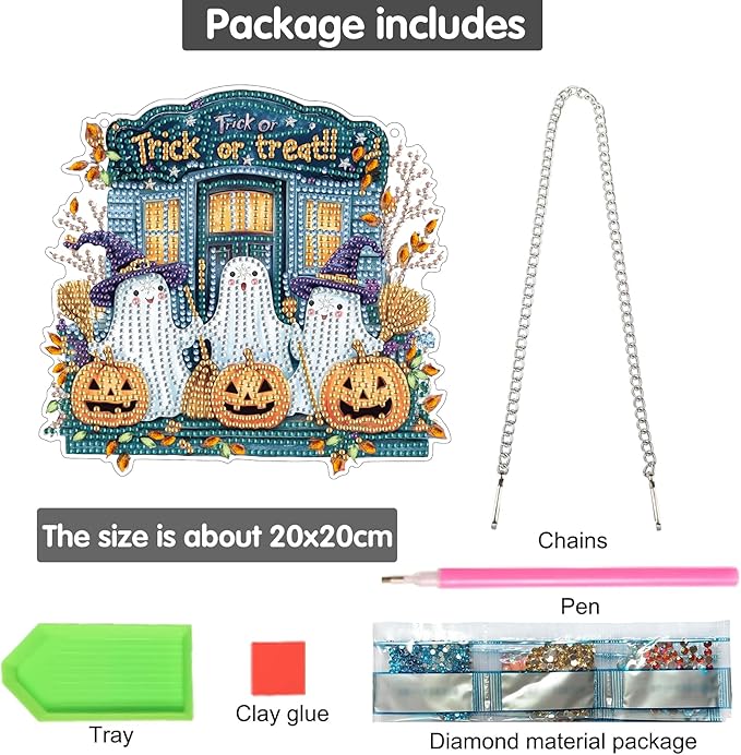 Bimkole Trick or Treat Ghost Diamond Art Hanging Kit, DIY 5D Diamond Art Halloween Window Pendant, Acrylic Crystal Art Hanging Ornament Home Wall Garden Front Door Sign Outdoor Decor 7.8x7.8 Inch
