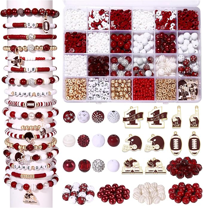 HSWE Game Day Beads for Bracelets Making Kit Heishi Clay Pearl Letter Assorted Round Bead Gold Spacer Beads Football Charms for DIY Bracelets Necklace Jewelry Making (Burgundy White Beads25)