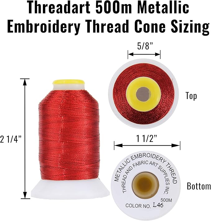 Threadart Metallic Thread | No. L46 - Red | 500 Meter Cones (550 Yards) | 25 Brilliant Shiny Colors | For Machine Embroidery