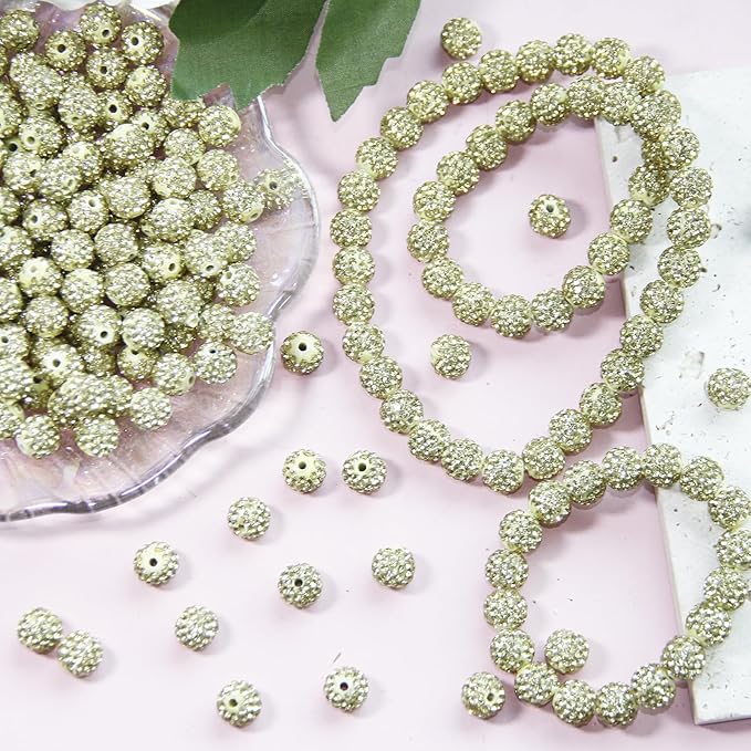 150 Pcs 10mm Rhinestone Beads for Jewelry Making, Light Yellow Shiny Round Shamballa Disco Baseball Necklace Beads Sparkle Crystal Clay Pave Rhinestones Bead for DIY Bracelet Earring Making Supplies