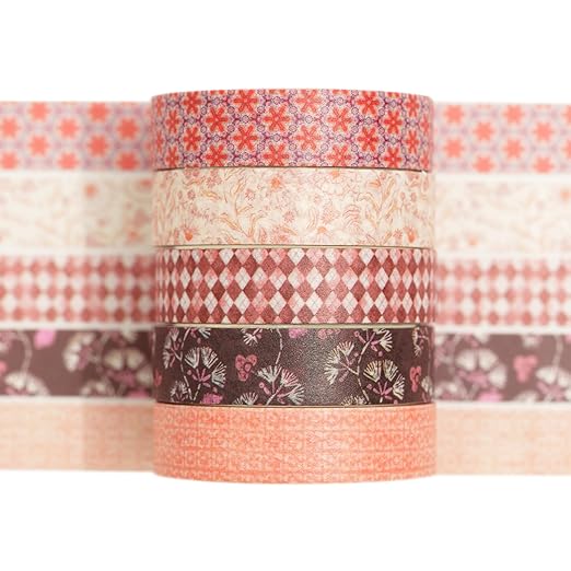 Fantasy Washi Tape Set - 5 Rolls Texture Arts Adhesive Tapes Basic Patterns Decorative Masking Tape Sets for Craft, Kids, Scrapbook, DIY, Gift Wrapping (5-Rustic Warmth)