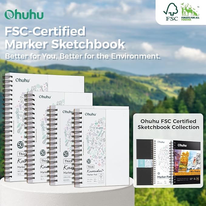 Ohuhu Double-Sided Marker Pad, Bleedproof Art Sketchbook – 7"x10" Large, 160 lb/280 GSM Heavyweight Smooth Paper – 50 Sheets/100 Pages, Spiral-Bound Drawing Book for Alcohol Markers