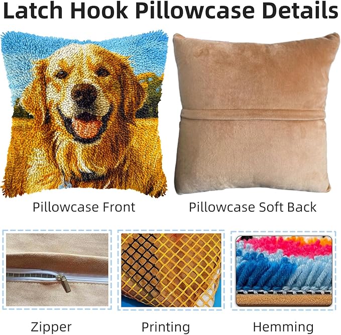 DIY Latch Hook Pillow Kits Golden Retriever Dog Printed Pillowcase Crochet Yarns Hooking Handmade Pillow Cover Cushion for Home Sofa Decoration 17x17inch-1