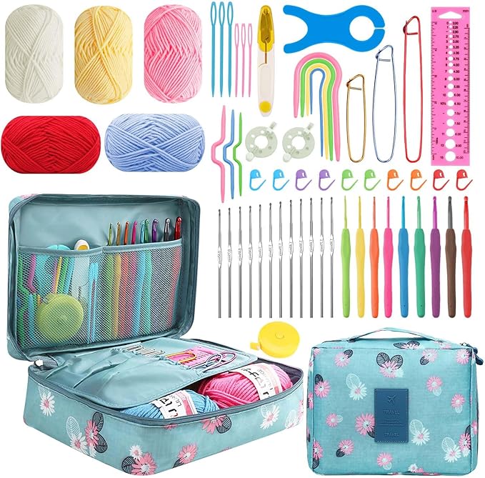 HATINXIA 58pcs Crochet Kit Beginners, Crochet Hook Set with Yarn, Portable Crocheting Kit for Starter, Ergonomic Crochet Needles Tools DIY Knitting Accessories for Experienced Crochet Lovers, Floral