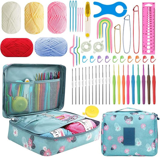 HATINXIA 58pcs Crochet Kit Beginners, Crochet Hook Set with Yarn, Portable Crocheting Kit for Starter, Ergonomic Crochet Needles Tools DIY Knitting Accessories for Experienced Crochet Lovers, Floral