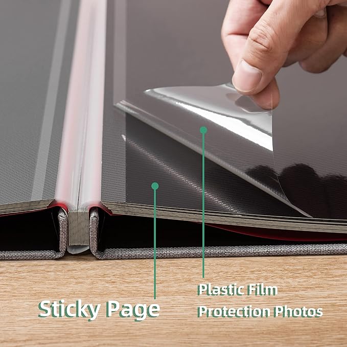 Large Photo Album Self Adhesive 4x6 8x10 10x12 13"x12.6" Scrapbook 12.6"x11" Inch 60 Black Sticky Pages Linen Cover Magnetic Photo Album with A Metallic Pen and DIY Stickers(Grey)