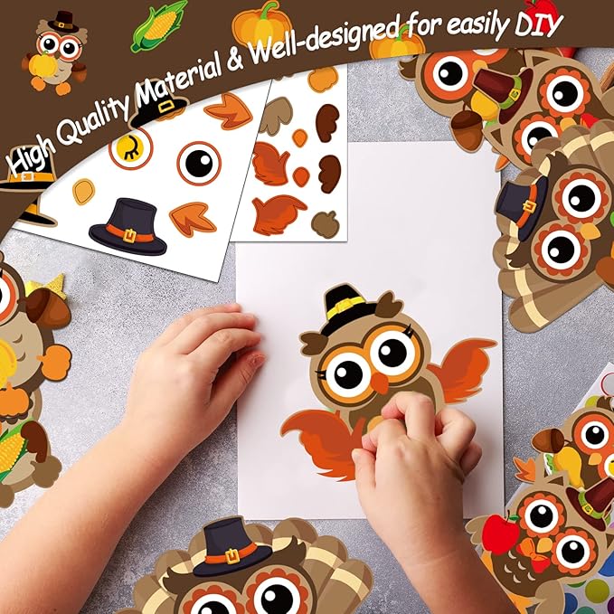 30Pcs Thanksgiving Craft Kits DIY Owl Craft, Thanksgiving Fall Art Craft Make Your Own Card Sticker Set for Home Game Activities