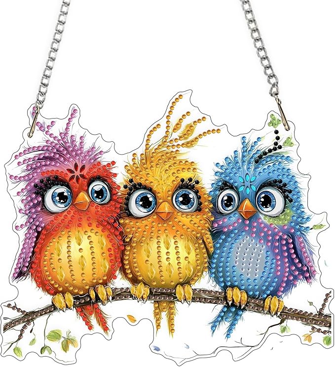 QENSPE DIY Hanging Diamond Painting Pendant Kit Animal, Birds Diamond Art Ornament Kit Acrylic Board for Window,Easy Crystal Pendant Gem Art for Home Garden Wall Decor,20x20cm