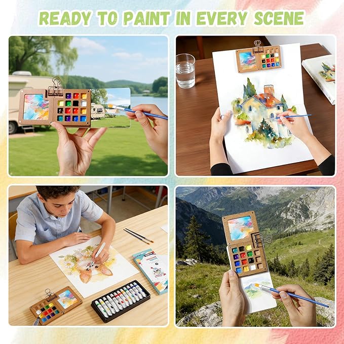 Watercolor Paint Set 12 Colors, 15-Compartment Mini Travel Watercolor Kit with 5 Brushes & Sketchbook, Portable Wooden Box with Color Storage Case for Plein Air & Urban Sketching