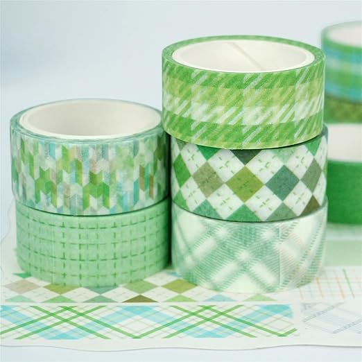 YUBX Basic Grid Washi Tape Set 12 Rolls Plaid Decorative Masking Tapes for Arts, DIY Crafts, Journals, Planners, Scrapbook, Wrapping (Green)