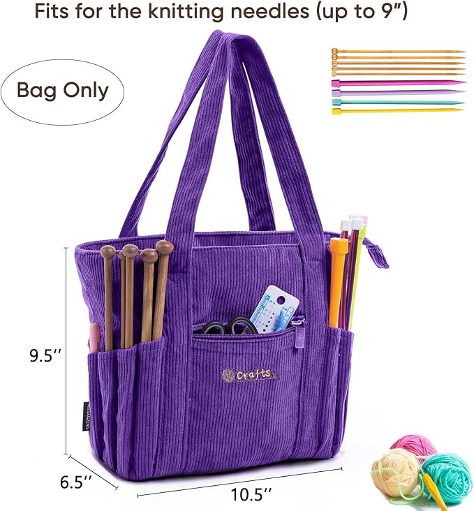 Crochet Bag and Tote - Corduroy Yarn Bag - Yarn Holder for Crocheting - Crochet Storage Bag for Crochet Hooks, Crochet Accessories, Knitting Bag for Crochet Lovers, Mother's Day Gift