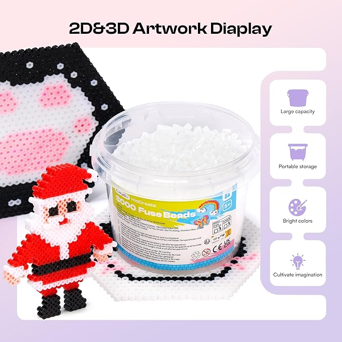 Caydo 3000PCS 5mm White Fuse Beads, Bucket Pack,Safe Iron Beads Crafts Kit for Kids DIY Pixel Art, Parent-Child Interaction, Holiday Gifts, School Projects
