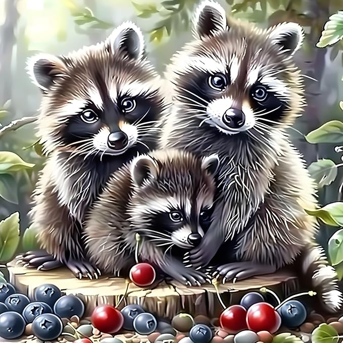 SENQAO 5D Animals Diamond Painting Kits for Adults, Raccoon Family Diamond Art Kits for Adults Beginner, DIY Full Drill Diamond Dot Gem Painting for Home Wall Decor 12x12inch