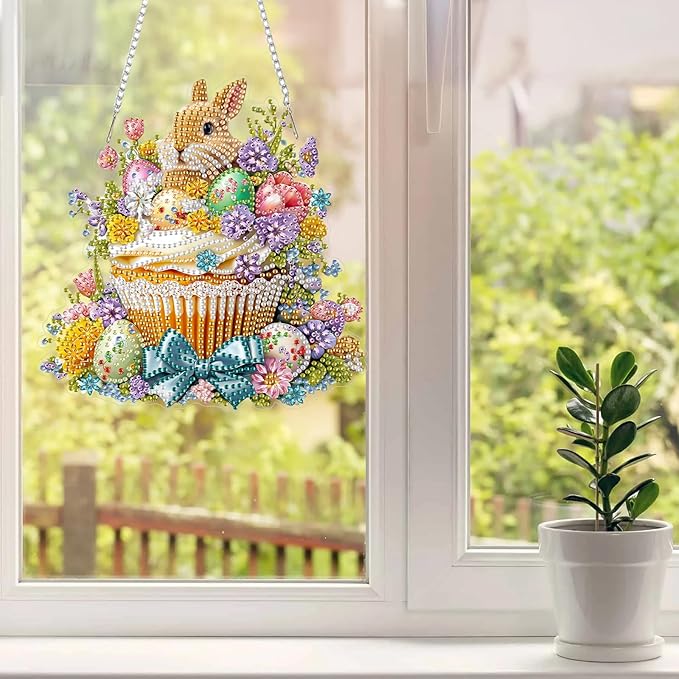 MAXBYE Easter DIY Diamond Art Kits for Adults Hanging Pendant Bunny in a Bamboo Basket, Painting Diamond Gem Art Hanging Kits for Beginners Gift Window Wall Door Decoration 8×12Inch