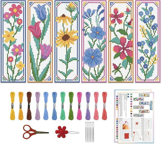 ORIGACH 6 Pcs Flower Cross Stitch Bookmark Kit for Beginner with Backing Felt Floss Instruction Sunflowers Tulip DIY Stamped Embroidery Bookmark Kit for Starter Adults Book Lovers