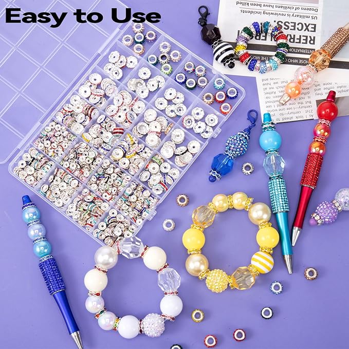 290PCS 6 Styles Rondelle Spacer Beads for Jewelry Making, 6mm, 8mm, 10mm, 11mm, 12mm Rhinestone Spacer Beads for Beaded Pens, Multicolor Crystal Bead Spacers for DIY Crafts
