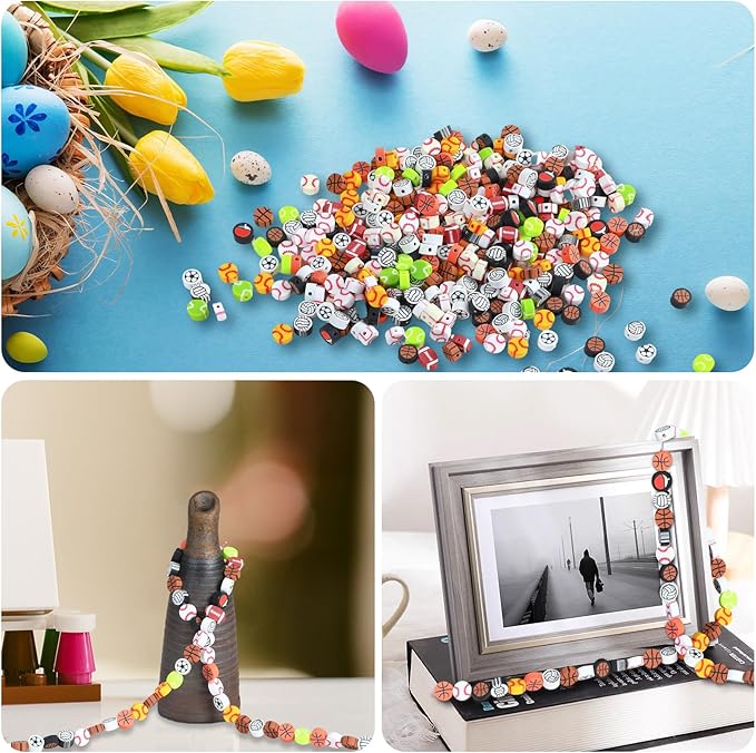 500 Pcs Friendship Sports Ball Polymer Clay Beads Bulk, Charms for Crafts with Elastic String for Making Bracelet Kit Necklace Craft Decor DIY Crafts