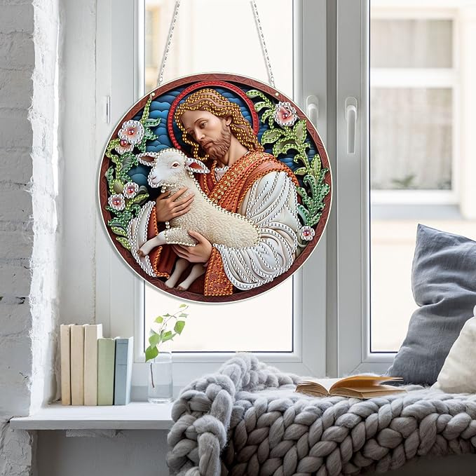 Generic DIY Hanging Diamond Pendant Special Shaped Crystal Diamond Art Painting Ornament Single Sided for Window Home Garden Wall Door Decor-Jesus