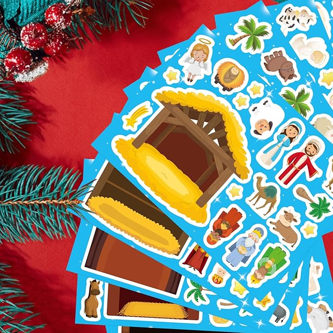 christmas nativity stickers for kids, make a nativity scene kit, jesus birth stickers, christmas crafts for kids, christian religious bible scene party favor home classroom activity
