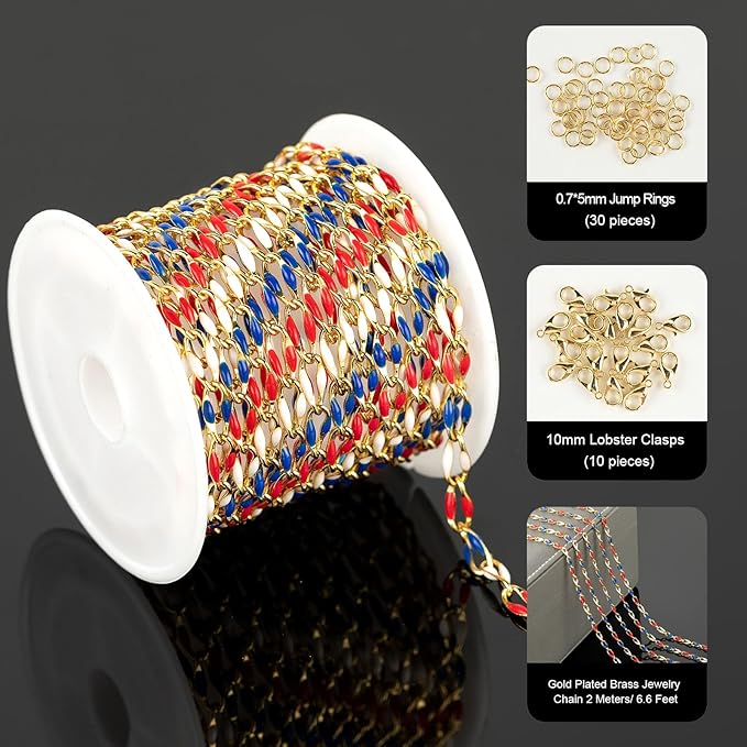 YOUBEIYEE Gold Plated Chain for Jewelry Making Amercian Flag Color Enamel Cable Chain for Women Necklace Bracelet DIY Jewelry Chains Bulk