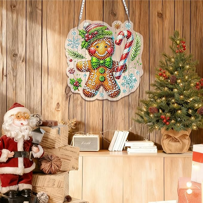 EMIEAUFG Christmas Diamond Art Hanging Kit for Adult, Xmas Gingerbread Diamond Art Pendants, Double Sided Acrylic & 5D Special Shaped Rhinestone, Christmas DIY Ornament for Window Home Wall Decor