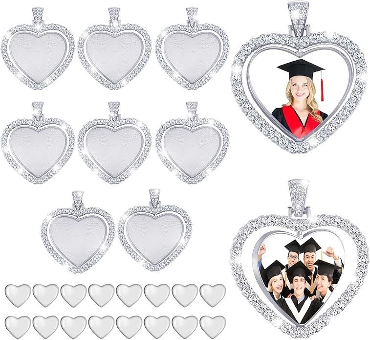 Hicarer 24 Pcs Rhinestone Pendant Trays Set Including 8 Heart Shape Double Sided Blank Pendant Charms with 16 Glass Domes Blank Discs Necklaces Halloween Jewelry Making