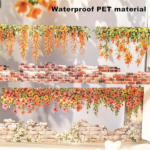 6 Rolls Flower Wall PET Tape Set, Seamless Floral Brick Stone Stickers for Journaling, DIY Crafts, Planner, Scrapbook Supplies with Clip, Waterproof and Decorative