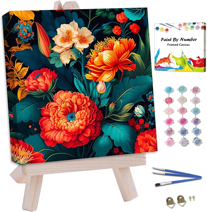 JUJUHOOD Tropical Flowers Framed Paint by Numbers Kit for Adults Beginner & Kids Ages 8-12,Red Flower Paint by Number Without Easel, Acylic Paint by Numbers for Gift Home Wall Decor (10x10Inch)