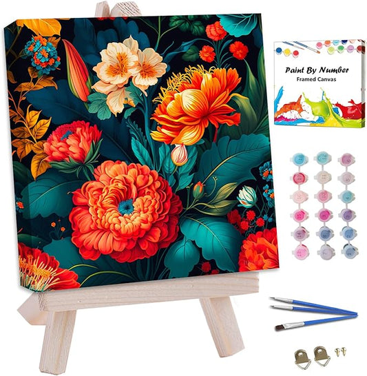JUJUHOOD Tropical Flowers Framed Paint by Numbers Kit for Adults Beginner & Kids Ages 8-12,Red Flower Paint by Number Without Easel, Acylic Paint by Numbers for Gift Home Wall Decor (10x10Inch)