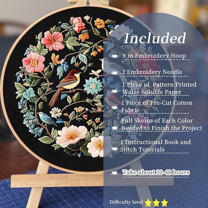fonnuy embroidery kit for beginners, birds with flowers pre-stamped pattern kits for adults with hoop, easy to follow color thread needlework, 8'' hoop (blue)