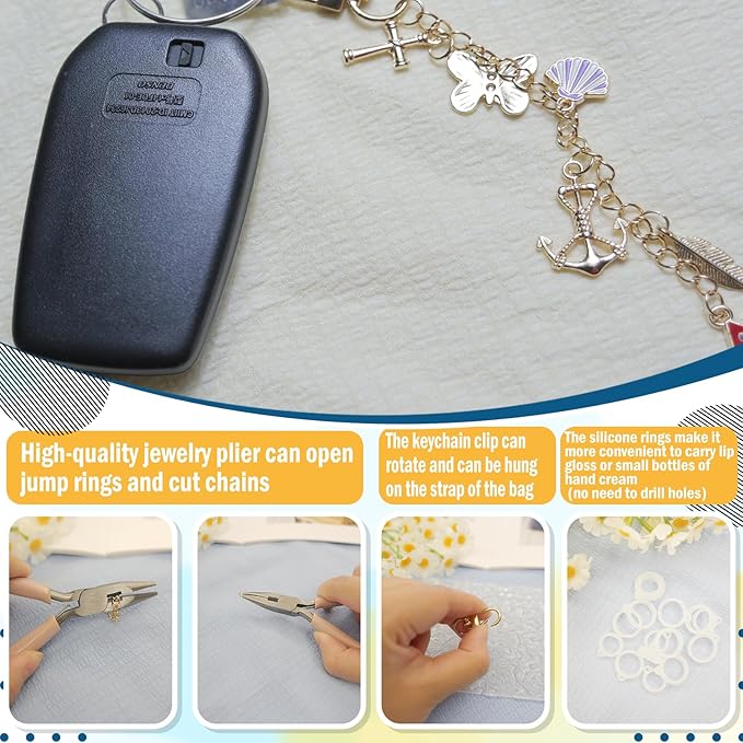 LEIOSAGN 474Pcs Lip Gloss Keychain Jewelry Making Kit with 20 Keychain Clips, 20 Extender Chains, 20 Silicone Rings, 152 Mixed Charms, Jump Rings, Plier, Resealable Pouch Bags, DIY Craft Supplies