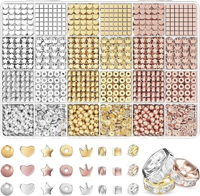 ARTDOT 1740 Pieces Gold Beads for Friendship Bracelets Making Kit, 8 Shapes Organized Jewelry Making Supplies Spacer Beads Set with Rhinestones Crafts Gifts