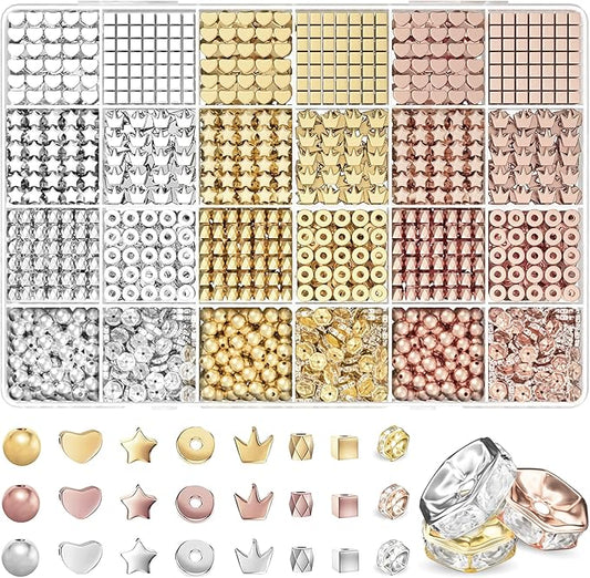 ARTDOT 1740 Pieces Gold Beads for Friendship Bracelets Making Kit, 8 Shapes Organized Jewelry Making Supplies Spacer Beads Set with Rhinestones Crafts Gifts