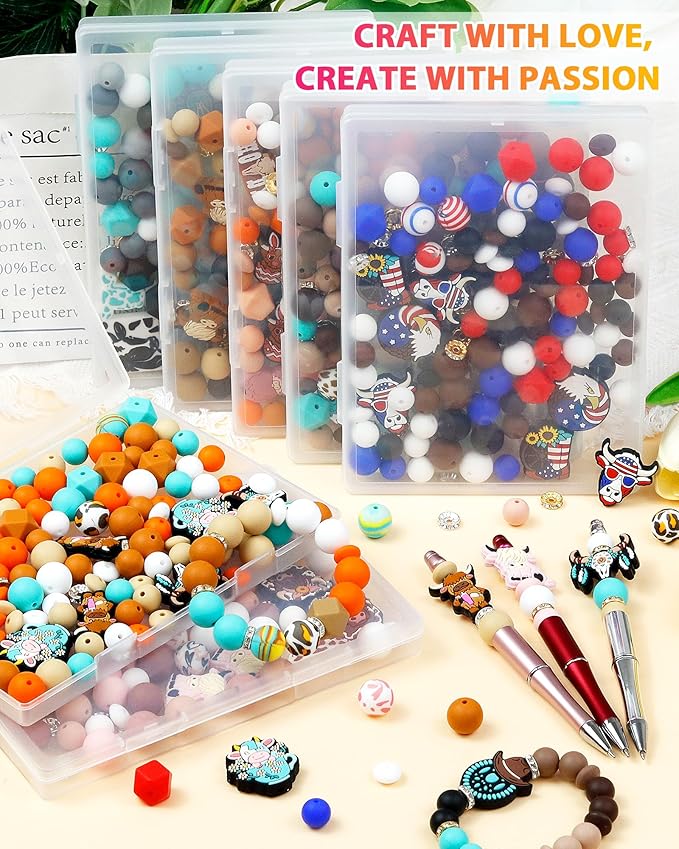 112PCS FIVEIZERO 12, 15mm Cow Focal Silicone Beads for Keychain Making, Patriotic 4th of July Independence Day, Round, Lentil, Hexagon, Print, 10mm Rhinestone Spacer Beads for Bracelets, Pens, Crafts