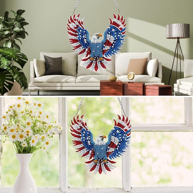 MXJSUA American Eagle Diamond Painting Art Window Suncatchers, Diamond Art Kits for Adults Hanging Ornaments with Chain, 5D Special Shape Crystal Diamond Pendant Accessories for Decor Gift