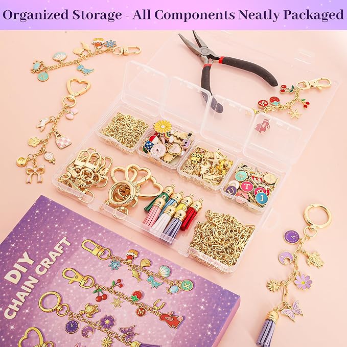 Koruhi 418PCS Keychain Making Kit for DIY Lip Gloss Keychains,Bag Charm Kit, Key Chain Making Kit with Hooks, Jump Rings, Gold Charms, Chains & Tools, Jewelry Making Kit, Gifts (418, Gold)