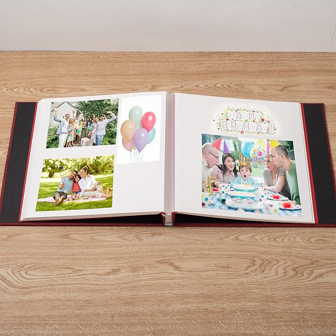 Large Photo Album Self Adhesive 4x6 8x10 10x12 13"x12.8" Magnetic Scrapbook Album 12.6"x11" Inch 60 Sticky Pages Linen Cover DIY Photo Album with A Metallic Pen and DIY Stickers(Red)