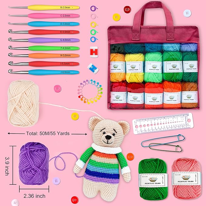INSCRAFT Crochet Yarn Kit for Beginners Adults, Includes 1650 Yards 30 Colors Acrylic Skeins, User Manual, Hooks, Wine Bag etc, Make Amigurumi & Projects, Starter Set Professionals